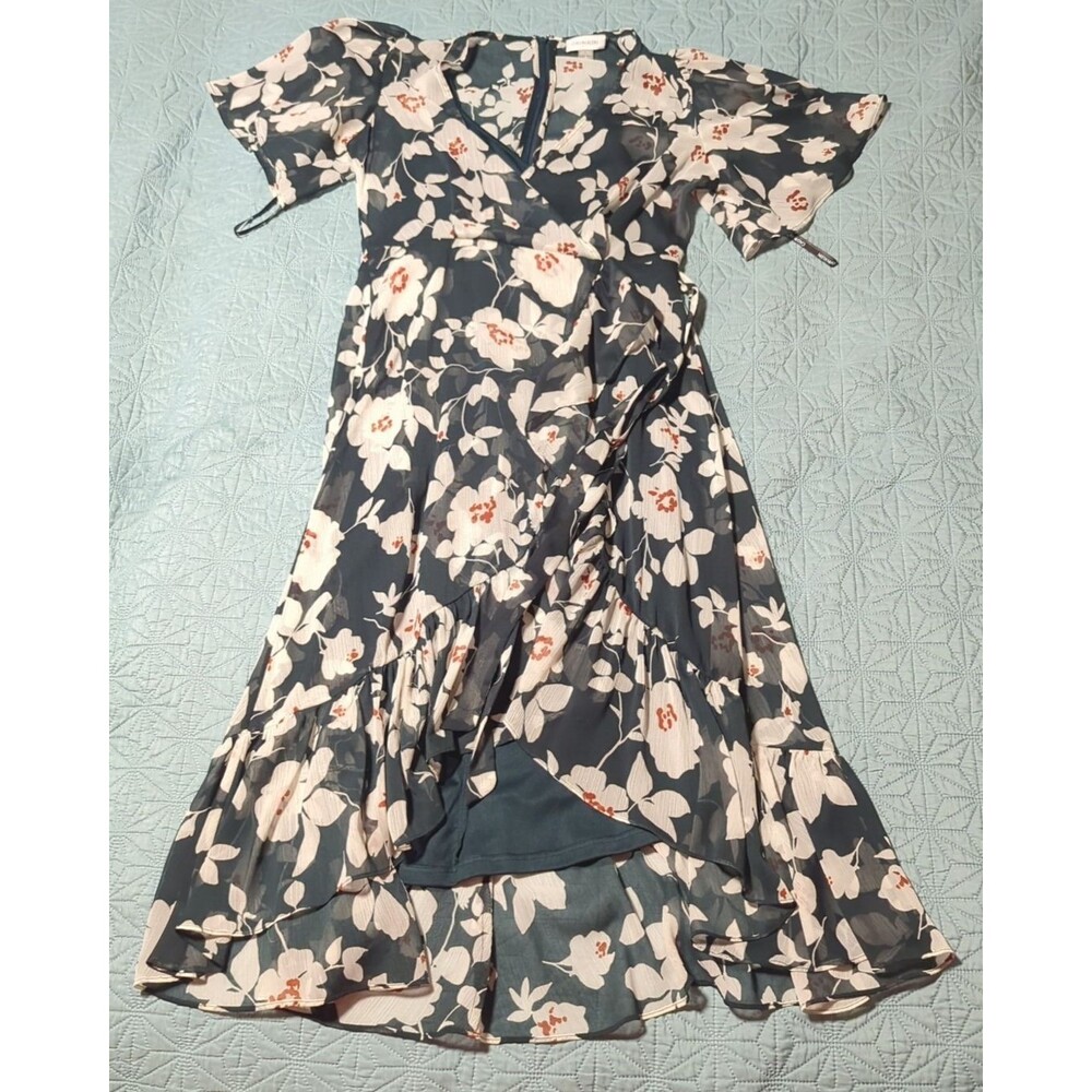 Calvin Klein Women's Dark Green Floral Midi Faux Wrap Dress Sz 2 With Flutter...